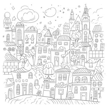 The Hand Drawn City Coloring Page Outline Sketch Drawing Vector, City ...