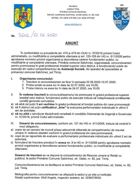 Anunț Concurs Examen pentru promovarea în grad profesional superior