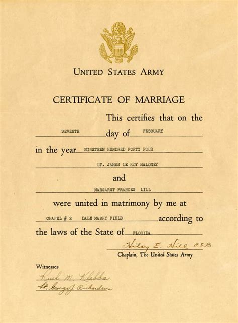 Florida Memory • United States Army Certificate Of Marriage For Lt James Leroy Maloney And