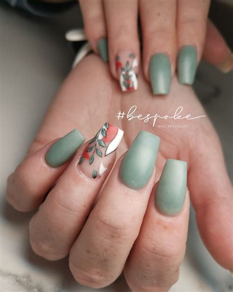 Coffin Nail In Sage Green With Abstract Leave Nail Design Dipped Nails