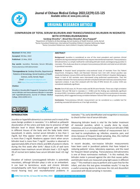 PDF COMPARISON OF TOTAL SERUM BILIRUBIN AND TRANSCUTANEOUS BILIRUBIN