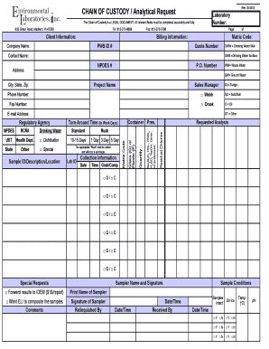 Fillable Online CHAIN OF CUSTODY Analytical Request Environmental