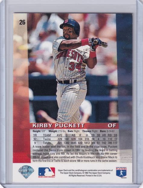 1993 Upper Deck Baseball Diamond Gallery 26 Kirby Puckett TWINS EBay