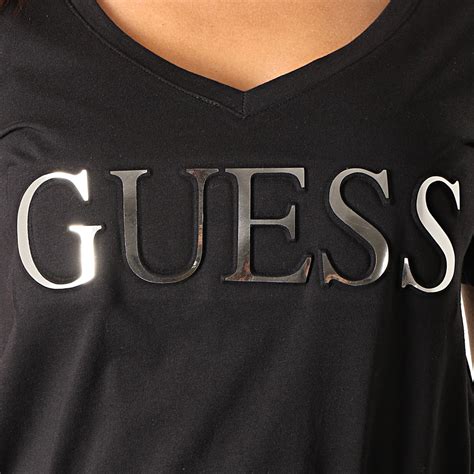 Guess Tee Shirt Femme Col V M94i62 K7dn0 Noir Argenté