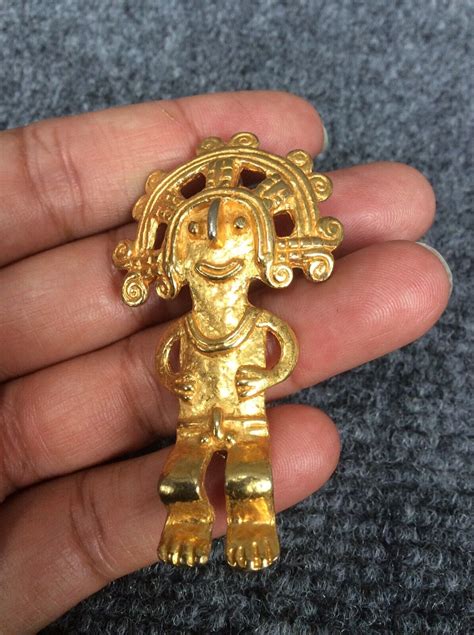 Vtg Alva Studio Aztec Mayan Gold Tone Pin Brooch Gem