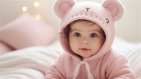 Cute Little Boy Baby Beautiful Is Wearing Light Pink Bunny Hat Sitting