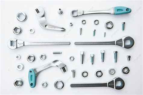 Different Types Of Wrenches And Fixings On A White Background Diy