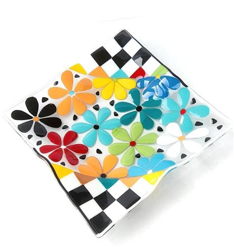 Colored Flowers Glass Art Platter Fused Glass Art Bowl Fused Glass