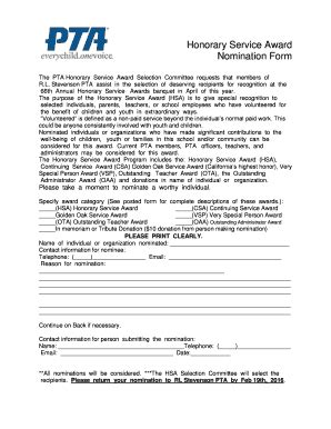 Fillable Online Stevensonpirates Honorary Service Award Nomination Form