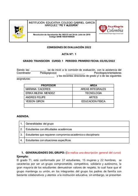 Acta De Comision De Evaluacion Y Promocion Transiicion Uno Docx