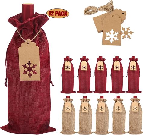 CCINEE Burlap Wine Gift Bags Christmas Wine Bottle Cover With Gift Tag