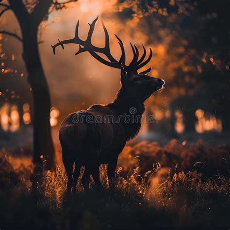 Majestic Stag In The Field At Sunset Antlers Aloft Ai Generated