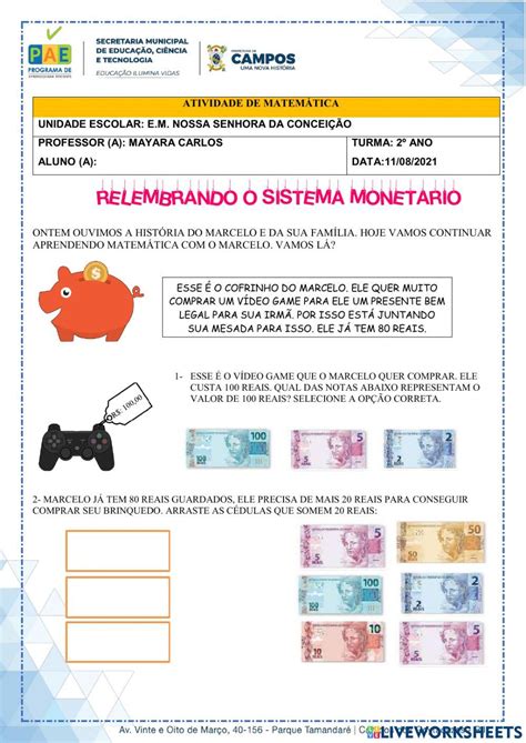 Sistema Monetário Interactive Exercise For Fundamental 1 Live Worksheets