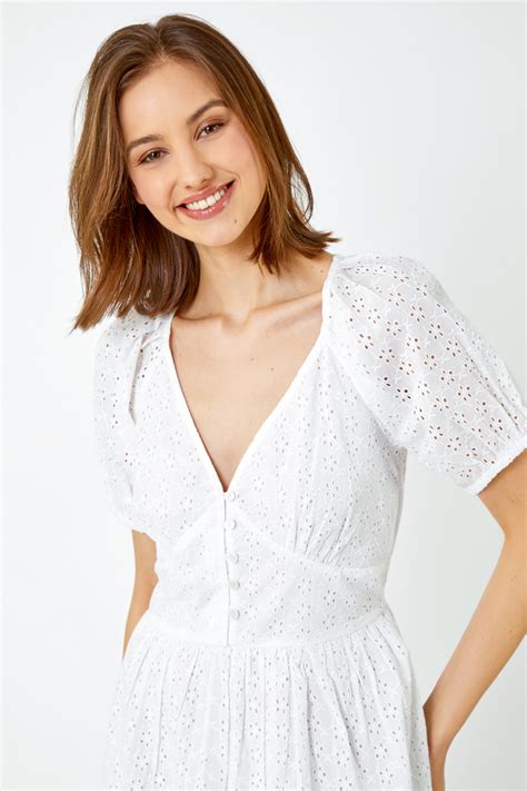 White Broderie Puff Sleeve Cotton Midi Dress Roman Uk