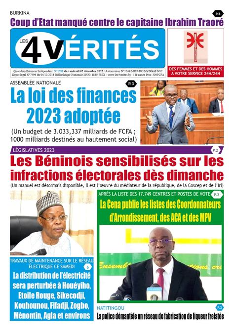 La Une du journal Les 4 Vérités du vendredi 02 décembre 2022 Les 4