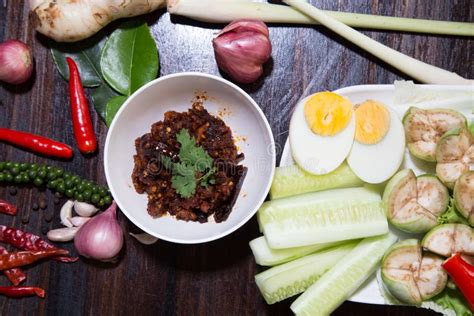 Thai Chili Paste Nam Prik Dip Served With Long Bean Cucumber White