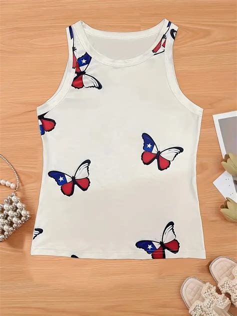 Butterfly Print Tank Top Casual Crew Neck Summer Sleeveless Temu