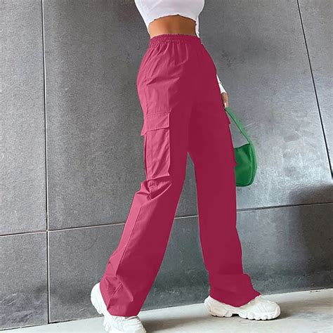 Lolmot Clearance Hot Pink Cargo Pants Women High Waist Baggy Straight