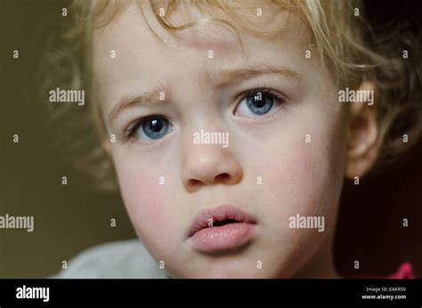 A serious-looking blonde and blue-eyed baby boy (ca. 20 months old ...