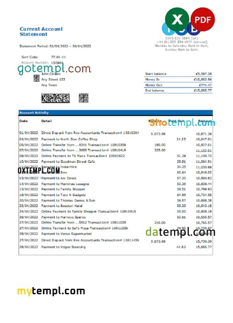 United Kingdom Tsb Bank Statement Excel And Pdf Template Gotempl