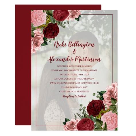 Burgundy Blush Pink Floral Wedding Photo Invitation