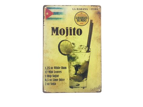 Plaque Métal Déco Vintage MOJITO Recette Cocktail Cuba 20x30cm