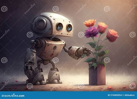 Cute Robot Surprises Person With Bouquet Of Flowers Bringing Joy And Happiness Stock