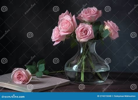 Still Life With Pink Roses In Glass Vase Stock Illustration