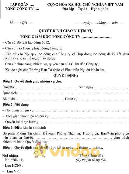 Mẫu Quyết định Giao Nhiệm Vụ Hoatieuvn