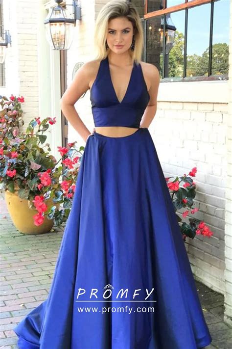 Chic Emerald Green Satin V Neck Two Piece Prom Gown Promfy