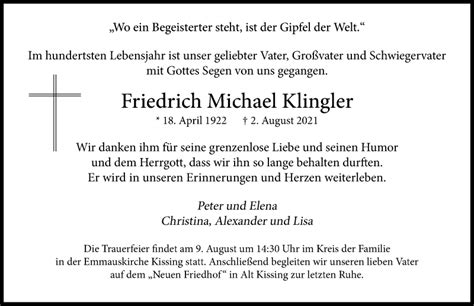 Traueranzeigen Von Friedrich Michael Klingler Augsburger Allgemeine