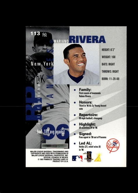 Mariano Rivera Pinnacle Inside Baseball Card New York Yankees