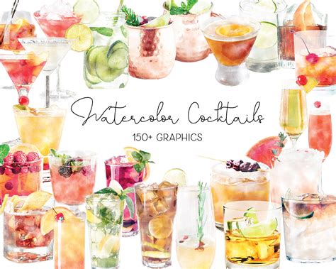 Watercolor Cocktail Graphics Cocktail Clipart Signature Cocktails