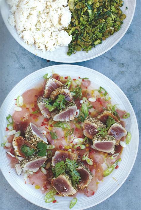 Seared Asian Tuna Coconut Rice And Jiggy Jiggy Greens Coconut Rice