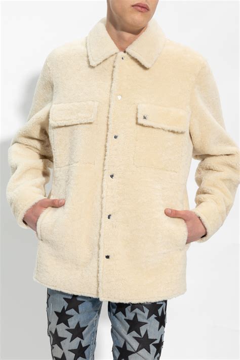 Amiri Logo Print Shearling Jacket In Nude ModeSens
