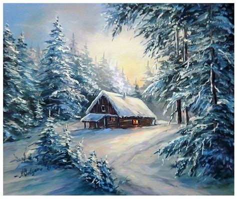 A Painting Of A Cabin In The Woods With Snow On The Ground And Trees