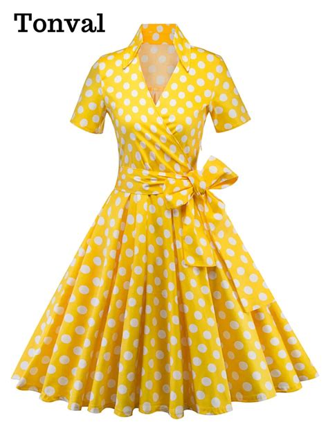 Tonval Retro Polka Dot Rockabilly Yellow Dress Women Short Sleeve V Neck Belted A Line Summer