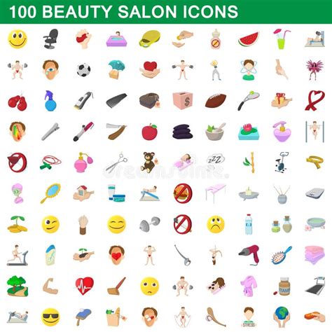 100 Iconos Fijados Estilo Del Salón De Belleza De La Historieta Stock