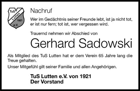 Traueranzeigen Von Gerhard Sadowski Om Trauer De