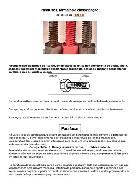 Parafusos Formatos E Classificação Pdf Parafuso Metalurgia