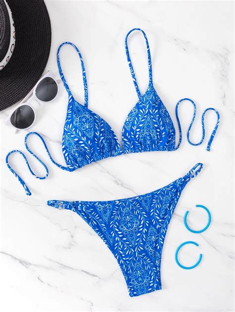 Plant Print Bikini Set Triangle Bra Cheeky Bottom 2 Piece Bathing Suit SHEIN USA