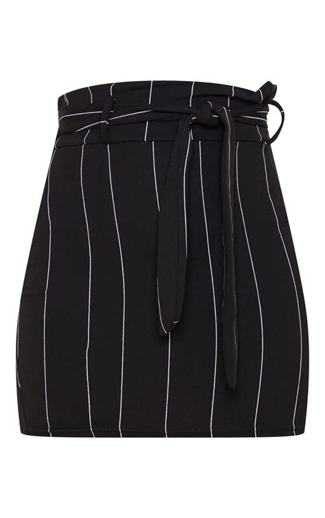 Black Pinstripe Tie Waist Mini Skirt Skirts Prettylittlething Usa