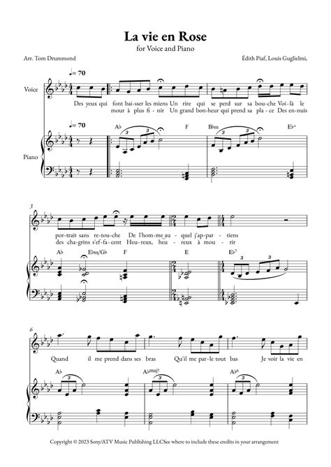 La Vie En Rose Arr Tom Drummond Sheet Music Edith Piaf Piano Chords Lyrics