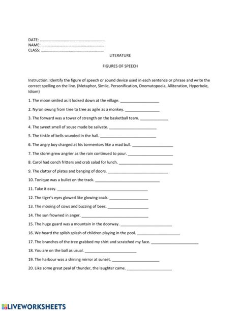 Identifying Figurative Language Worksheet 1 Answer Key Language