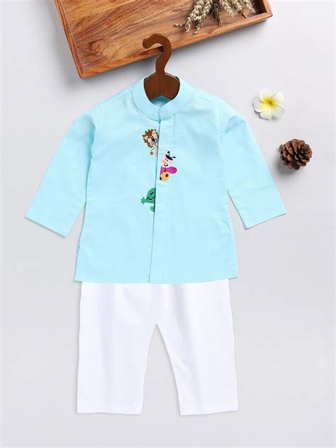 Cotton Blend Front Open Cartoon Motif Embroidery Kurta With Pajama