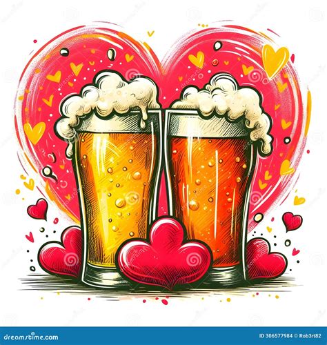 Two Glasses Of Beer With Foam And Hearts Vector Illustration In Sketch