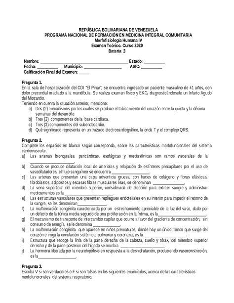 Examen Recuperacion MFH IV REPÚBLICA BOLIVARIANA DE VENEZUELA