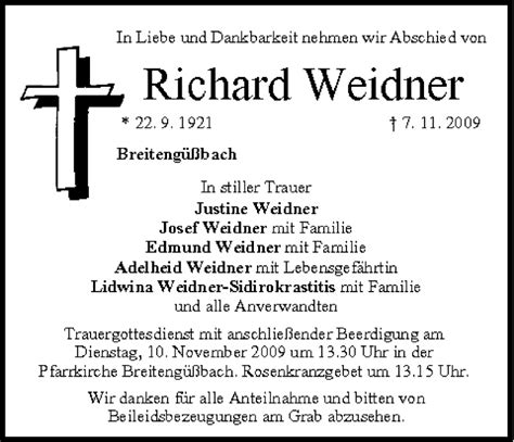 Richard Weidner Traueranzeige Trauer InFranken De