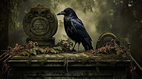 Premium Ai Image Crow On A Gravestone