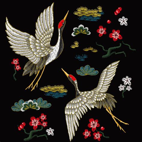 Floral Crane Embroidery Pattern Ready To Print Design Etsy